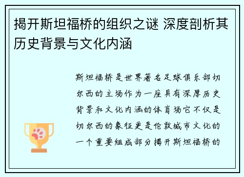 揭开斯坦福桥的组织之谜 深度剖析其历史背景与文化内涵
