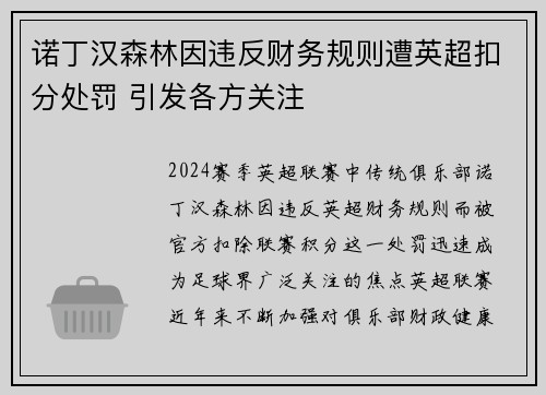 诺丁汉森林因违反财务规则遭英超扣分处罚 引发各方关注