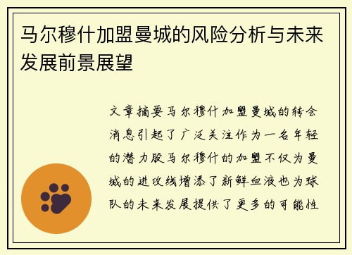 马尔穆什加盟曼城的风险分析与未来发展前景展望