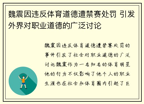魏震因违反体育道德遭禁赛处罚 引发外界对职业道德的广泛讨论